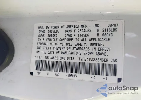 2008 Acura Tl 3.2 z USA, uszkodzony, nr VIN 19UUA66218A010313